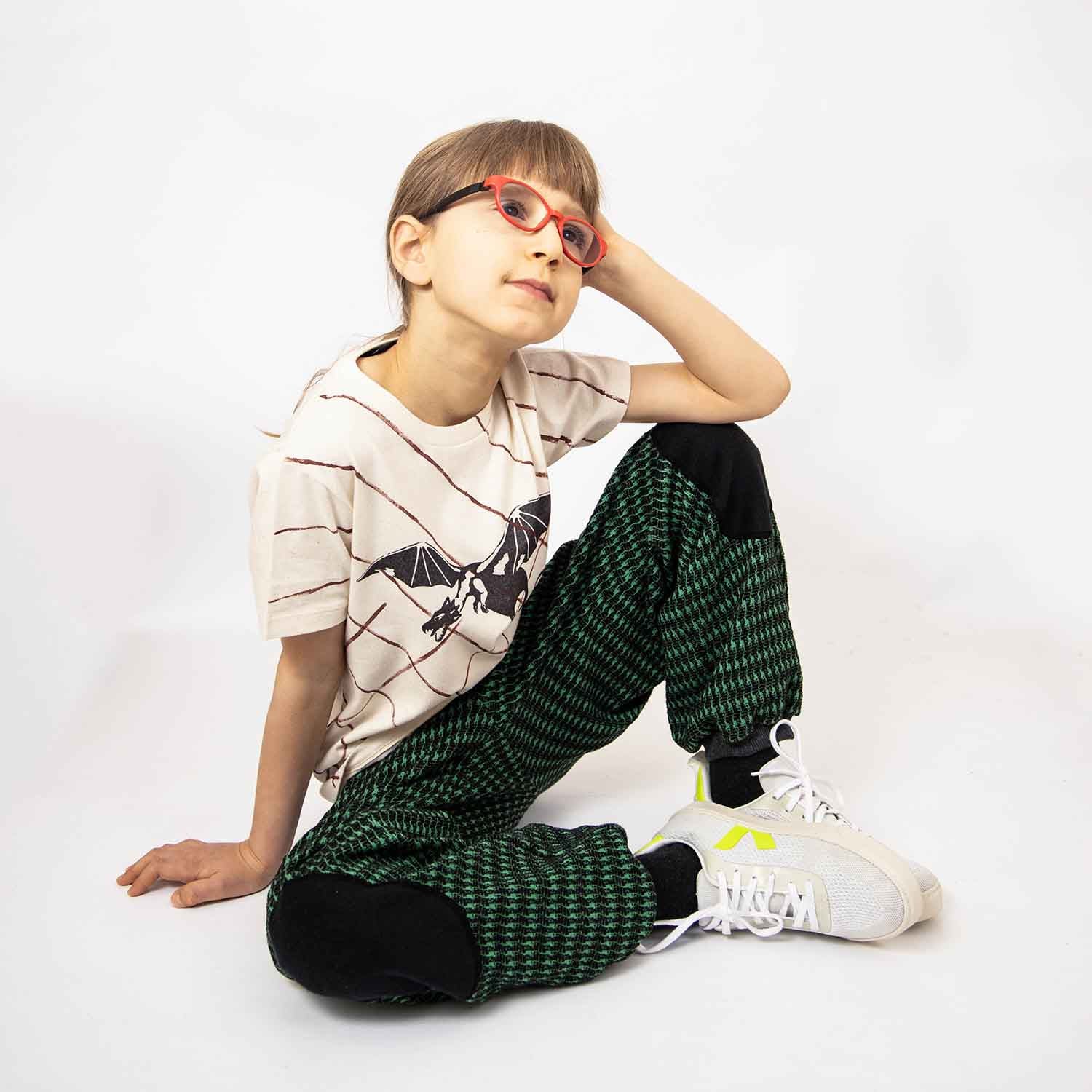 Black and Green pied de poule Kids Pants with Knee Patches – view 3 – Infantium Victoria