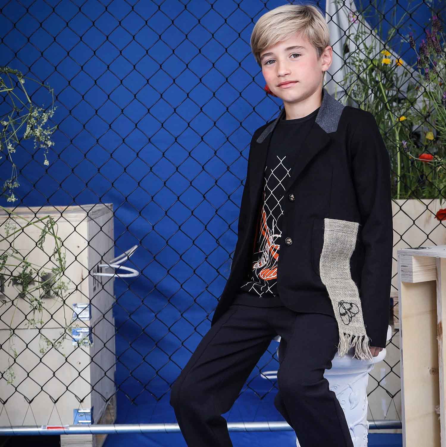 Kids' Black Tailored Jacket with Hemp Sash – view 3 – Infantium Victoria
