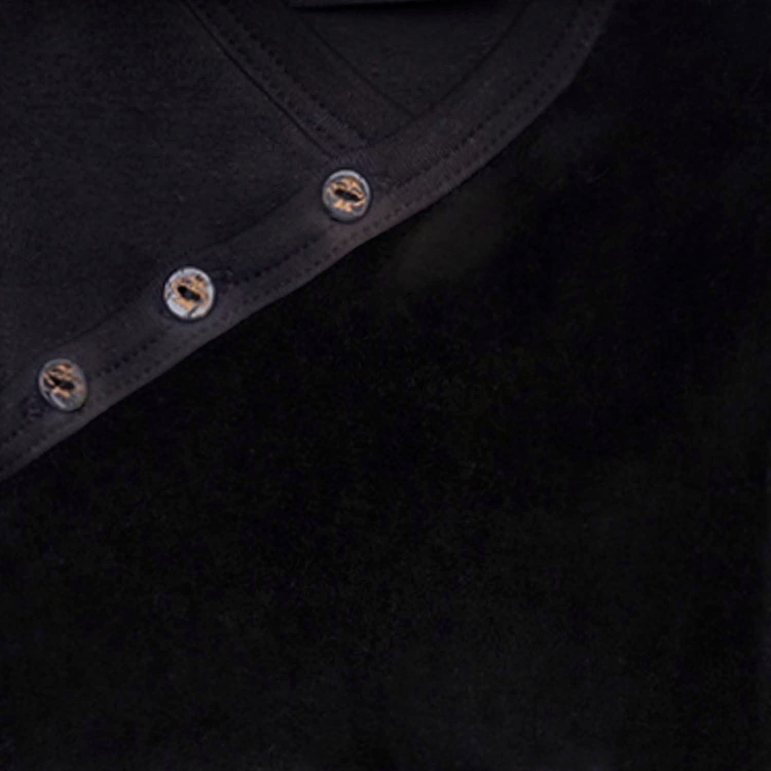 Infantium Victoria black organic cotton baby onesie with velvet detail and coconut shell buttons.