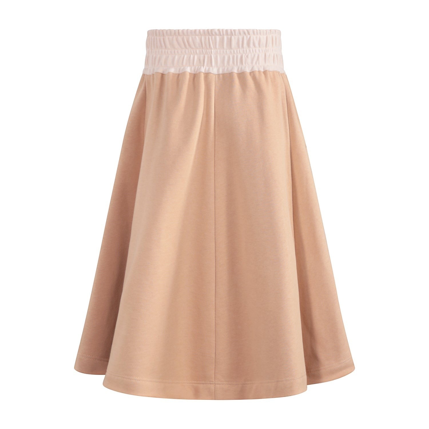 Infantium Victoria tan brown organic cotton A-line midi skirt with a contrast elastic waistband and center zip.